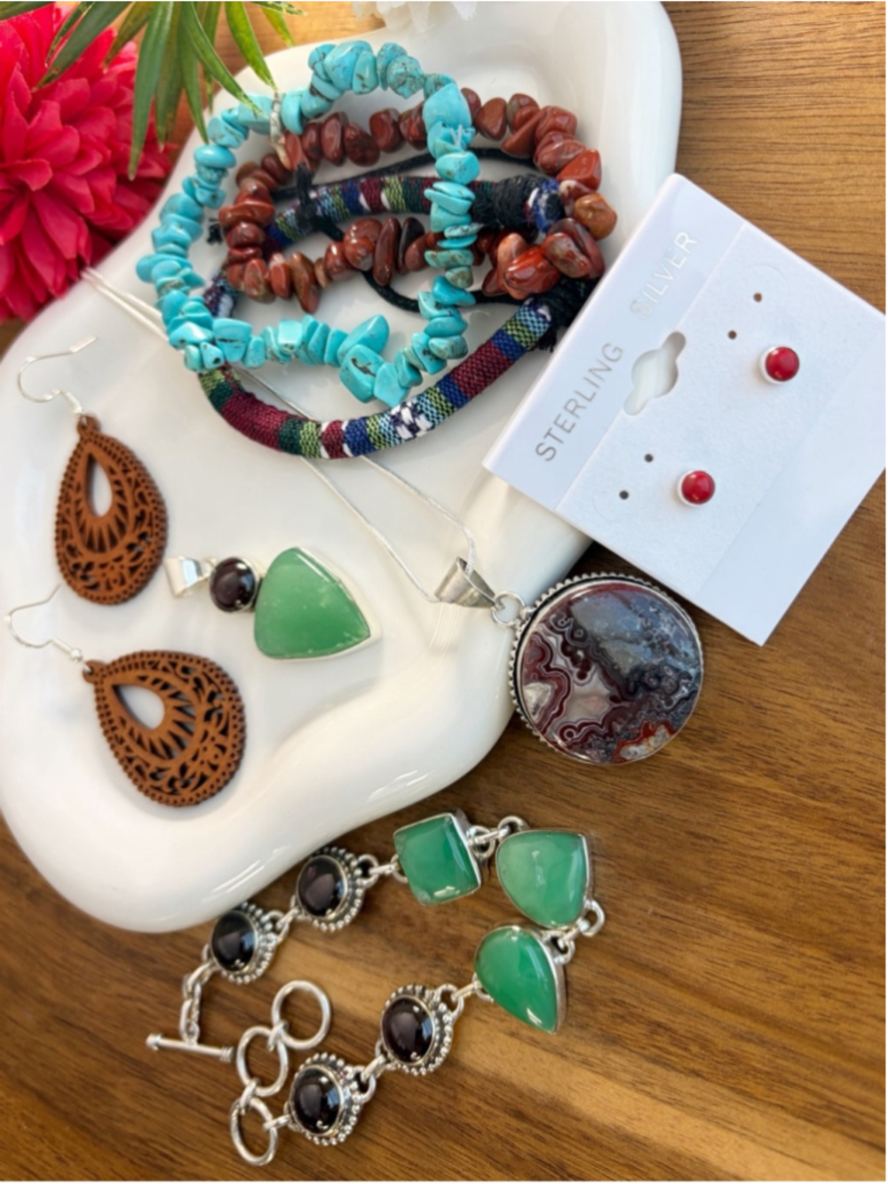 925 Jewelry Lot Garnet Chrysoprase Pendant Bracelet Coral Studs Turquoise New